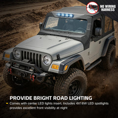 Yzona Heavy-Duty Madmax Look Windshield Frame for 1997-2006 Jeep Wrangler TJ - Built-in LED Light Bar, Sun Visor, Front Windscreen Rack Protector, Roof Protection, No-Drill Installation