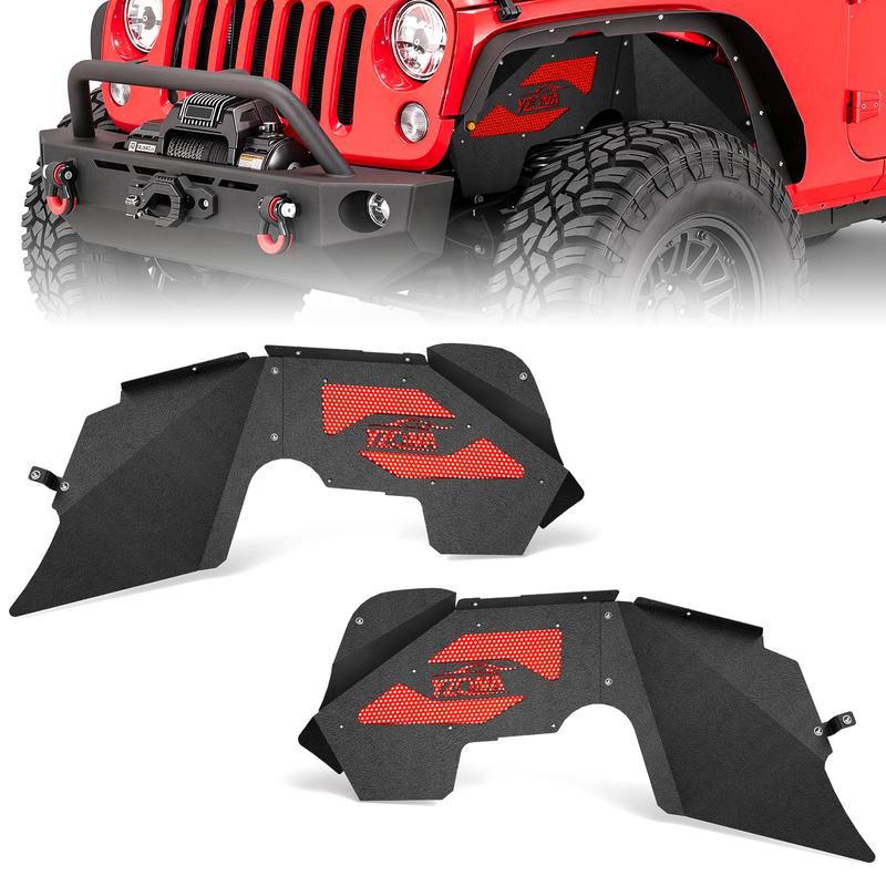 【Yzona】Front Inner Fender Liners - Carbon Steel, Drill-Free Bolt-On, Vented Automotive Guard Mud Flaps for 2007-2018 Jeep Wrangler JK & JKU Unlimited Sport Sahara Rubicon (2/4 Doors) - Off-Road Car Exterior Accessories, Wheelwell Shield, Vented Guard