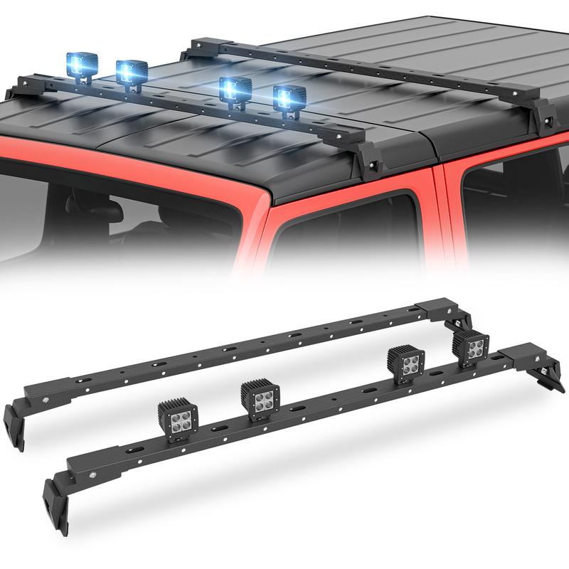 YZONA 400lb Alloy Steel Roof Rack - Vehicle-Specific for 2007-2026 Jeep Wrangler JK/JKU JL/JLU Unlimited & Gladiator JT Hardtop, Aerodynamic Non-Foldable Car Accessory with 4 Pcs LED Lights Bar, Easy Snap Mount Cargo Carrier with Ratchet Strap Slots
